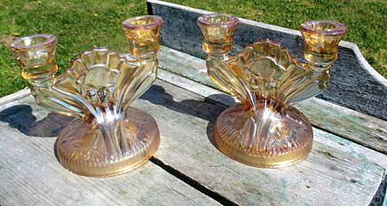 Vintage Depression Glass Couple Pair Double Candle Holders Peach Color