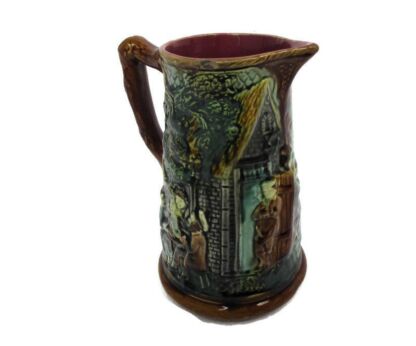 Antique Barbotine Majolica French Tavern Pitcher wonderful Scenes