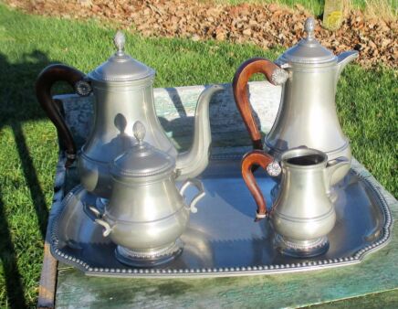 Gorgeous Pewter and Teak French Tea Set with Tray 5 pieces