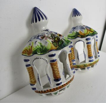 Couple Italian Ceramic Wall hangings Polychrome for Candle or Lamp Decorative Shades