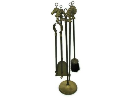 Brass Fireplace Set Tools Vintage 4 Pieces Ornate Horses Superb