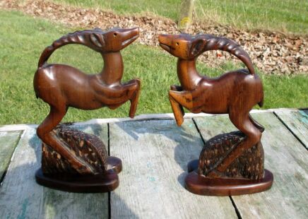 Bookends Figurines Statuettes Hand Carved Wood Deer Couple Lovely