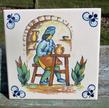 Vintage polychrome Ceramic Tile Folk art Beer Pottery Villarreal Spain