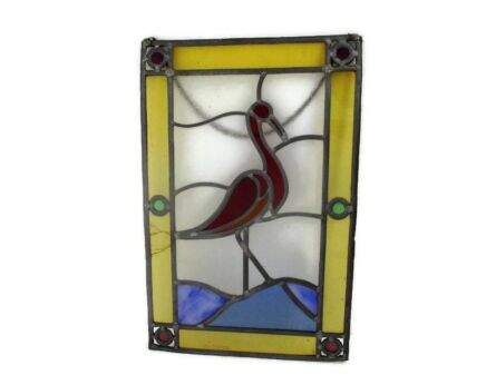 Antique Vintage Stained Leaded Glass Art Panel Pelican Polychrome