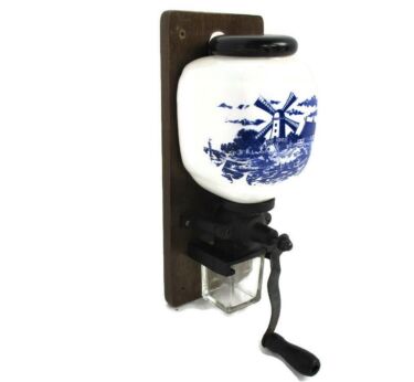 Dutch Delft Coffee Grinder Mill Ceramic Wall Mount hand Crank Windmill Blue White