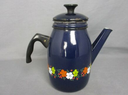 Vintage Tin Enamel Coffee Pot Can Rustic Home Decor Tableware Blue with Flowers Barn country Style