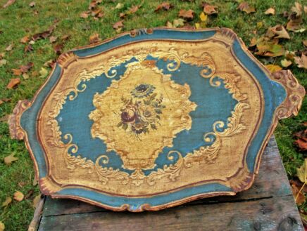 Italian Mid Century Hollywood Regency Florentine Blue Serving Tray gold gilt