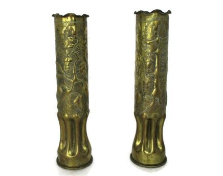 Couple Pair of Shell Casing trench Art Vases WWI 1915 Flowers Ornate