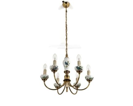 Chandelier vintage romantic Lovely with birds on porcelain shades brass 6 lights 