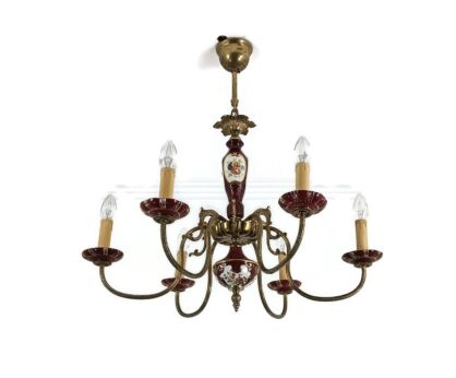 Chandelier Porcelain polychrome flowers Italian Italy vintage 6 lights Romantic fixture