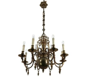 antique Flemish Chandelier Bronze signed Cast by  Brondel Bruges Stunning Piece 8 lights 