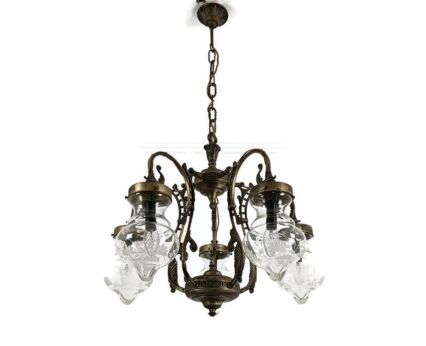 Antique Chandelier Stunning Etched Hand blown Shades Brass Ornate 5 lights Fixture