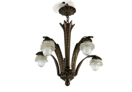 Art Deco Chandelier Bronze Glass 5 lights Flower shades Gorgeous Fixture Light