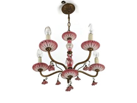 Romantic Italian Chandelier small pink porcelain flowers Brass 5 lights arm vintage