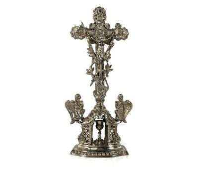 Vintage Standing Table crucifix Cross Spelter Chalice Angels Beautiful Jesus Christ 