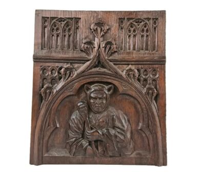 Beautiful Gothic hand carved wooden panel Court Jester antique 