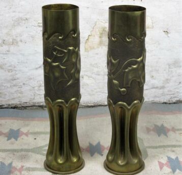 Xl Couple Pair of Shell Casing trench Art Vases Ivy WWI Germany 19.68"