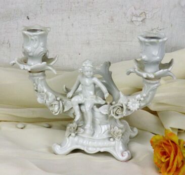 Voigt Sitzendorf Porcelain Double Candle Holder Candelabra Putti Angel Cherubs