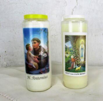 two devotional votive candles Our Lady of Lourdes & St Anthony Religious prayer