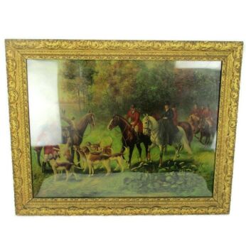 Antique Gorgeous Lithograph Hound Dogs Fox Hunt Ornate Frame Wood Plaster