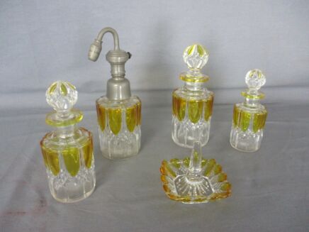 Vanity Dresser set Two toned Art glass Perfume Bottles Ring holder 5 pieces