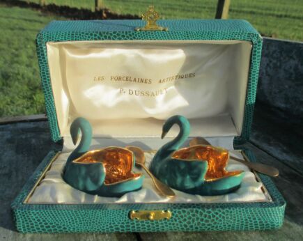 French Porcelain P. Dussault Porcelaines Artistiques Swans in Box Mustard Sugar