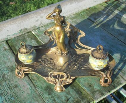 Gorgeous Jugendstil Art Nouveau Style Brass Double Inkwell Pen Holder Porcelain