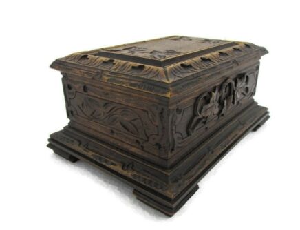 Hand Carved Wood Jewelry Trinket Tobacco Box Ornate Vintage