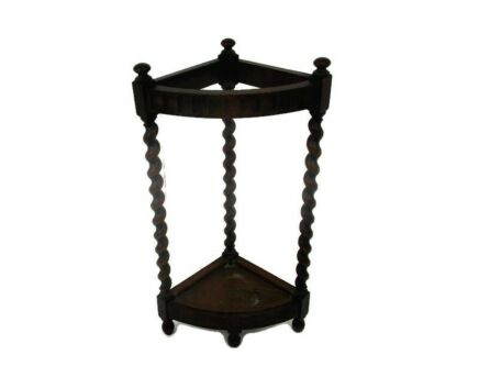 Barley Twist Umbrella Stand Rack Hand Carved Wood Jacobean Style Ornate Copper Plate