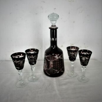 crystal Decanter set with 4 shot glasses Amethyst Bohemian cut to clear gorgeous