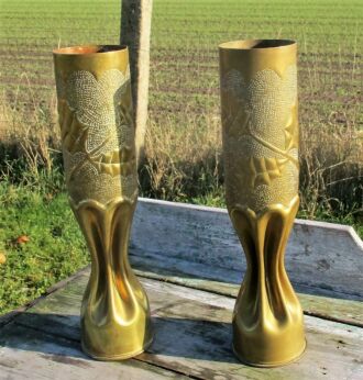 Pair of Shell Casing trench Art Vases Engraved Brass Ornate WWI French Gorgeous