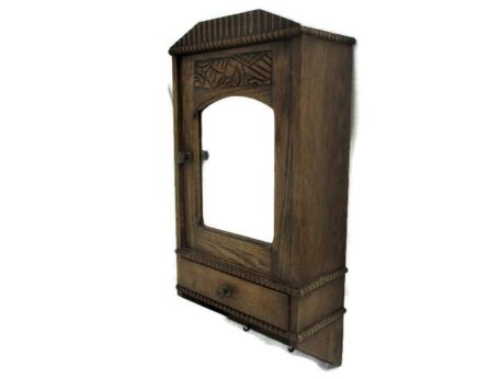 Kitchen Apothecary Medicine Bathroom Wall Cabinet Ornate Hand Carved Wood Beveled Glass Mirror Towel Hooks  Barn Country Farmhouse style