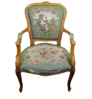 Needlepoint Armchair Fauteuil Louis XV style Carved Wood Hobnails Young Boy HTF