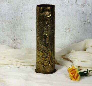 Shell Casing Case trench Art Vase WWI 1917 Man Drinking bacchus Etched 11.02"