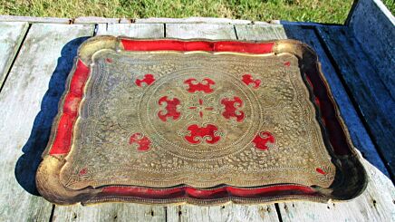 Italian Mid Century Hollywood Regency Florentine Serving Tray Large Red 16.54"