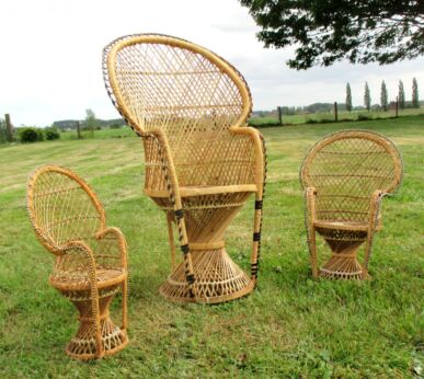 3 Vintage Rattan Wicker Peacock High Fan Back Childs Doll Bear Chairs Folk Art