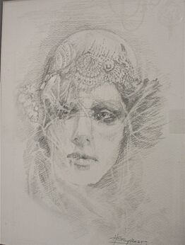 Lacy Lady Pen Drawing by Hubert Stuyvaert t Gorgeous Portrait of a Young beautiful Woman titled Lacy Lady Framed