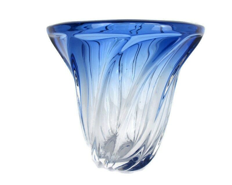 House - Collectors Blue Heavy art Twisted Lambert Val St glass Cobalt Marked Glass to Deco Art Clear Vase in the