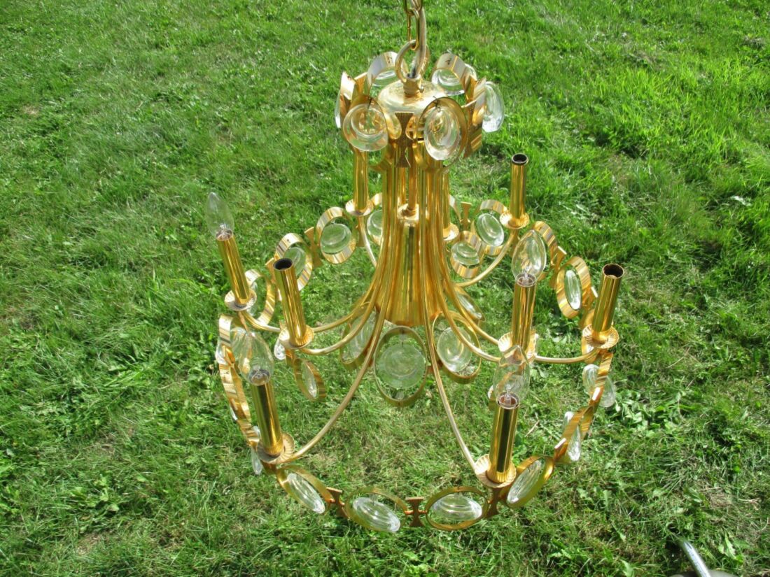Palwa - Elegant Gold Plated Brass and Crystal Chandelier 1960s