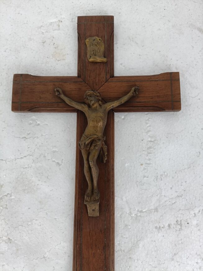 Wood carved sold brass crucifix religious