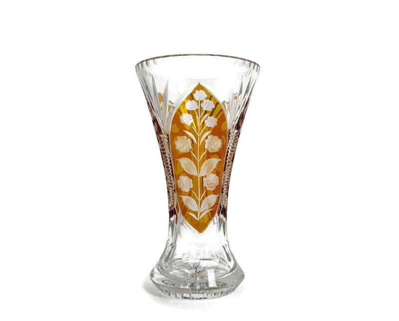 Vintage Amber Crystal Wine Glasses with Etched Floral Pattern
