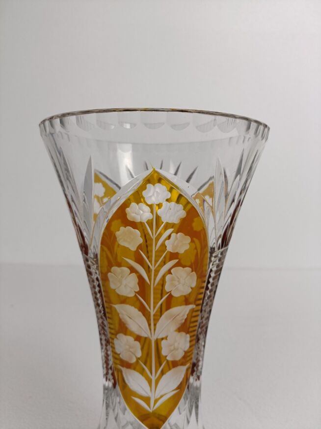 Vintage Amber Crystal Wine Glasses with Etched Floral Pattern