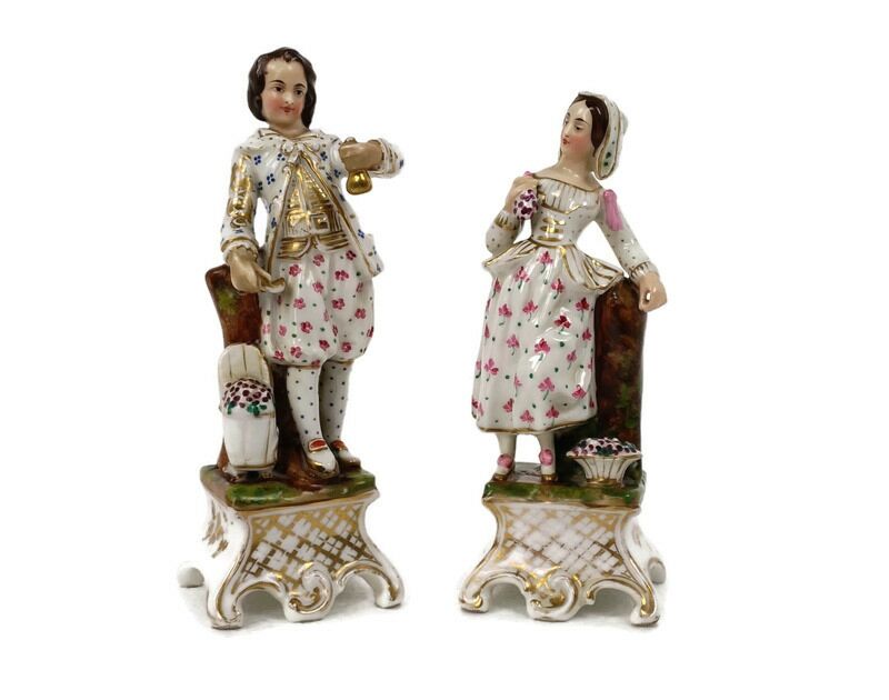 pair of Figurines Statues Bisque Porcelain Man and Woman Flower Spanish  couple Antique - Collectors in the House