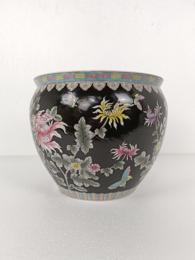 Huge Vintage Chinese Porcelain Enamel Famille Rose Koi Fish Bowl Planter  Vase Cachepot Flowers Black Flowers WOW - Collectors in the House