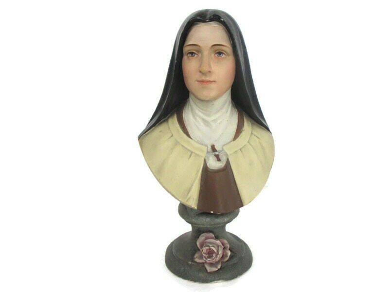 St Therese of Lisieux high quality vintage bust statue. French religious polychrome plaster figurine