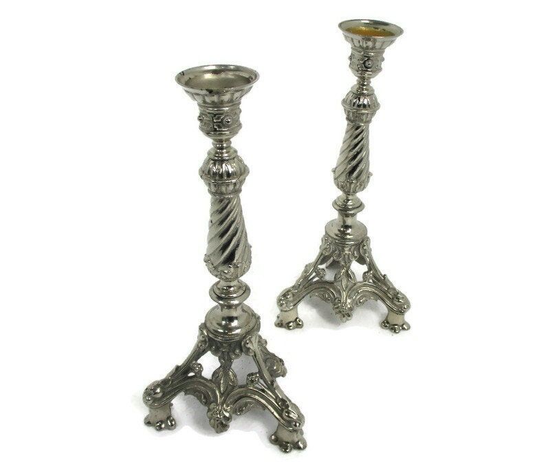 Vintage French Antique Pair of Gothic Bronze Candlesticks Candle