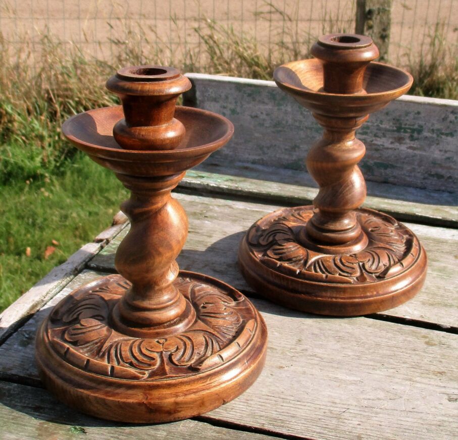 hand carved wood candlesticks