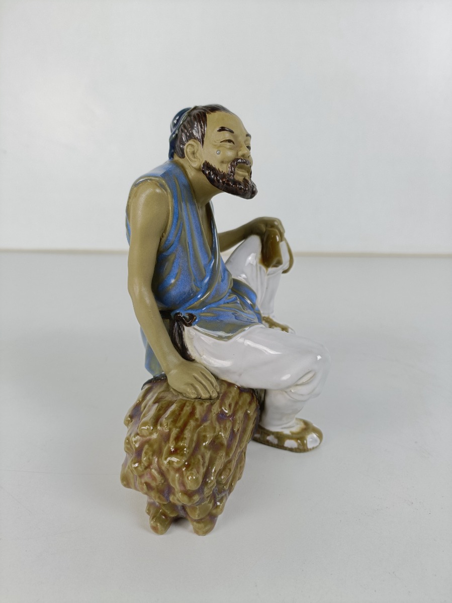 Vintage Chinese Mud Man Fisherman Figurine Wanjiang China