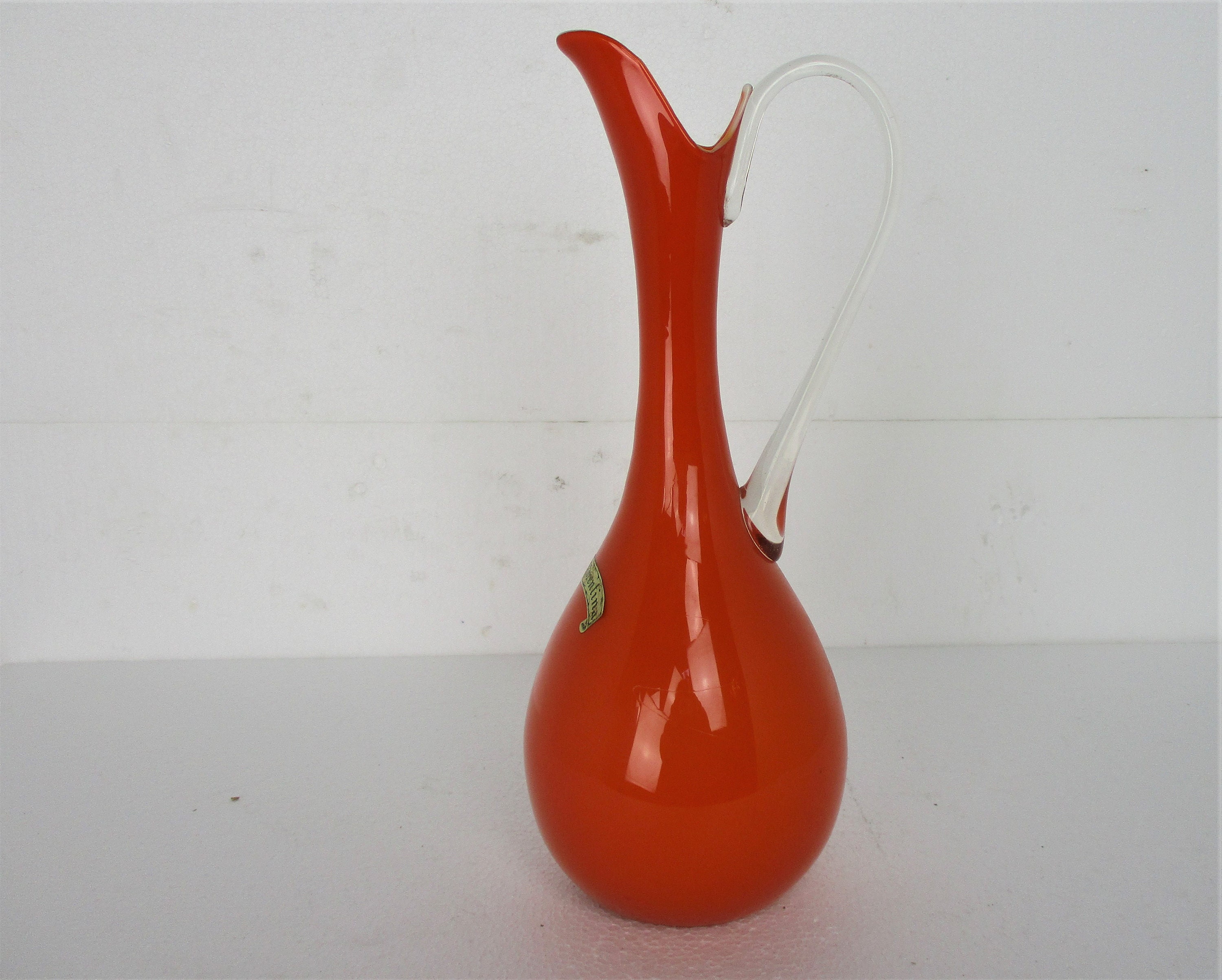 VINTAGE VALIRA RIBBED GLASS PITCHER ORANGE LID, SPAIN